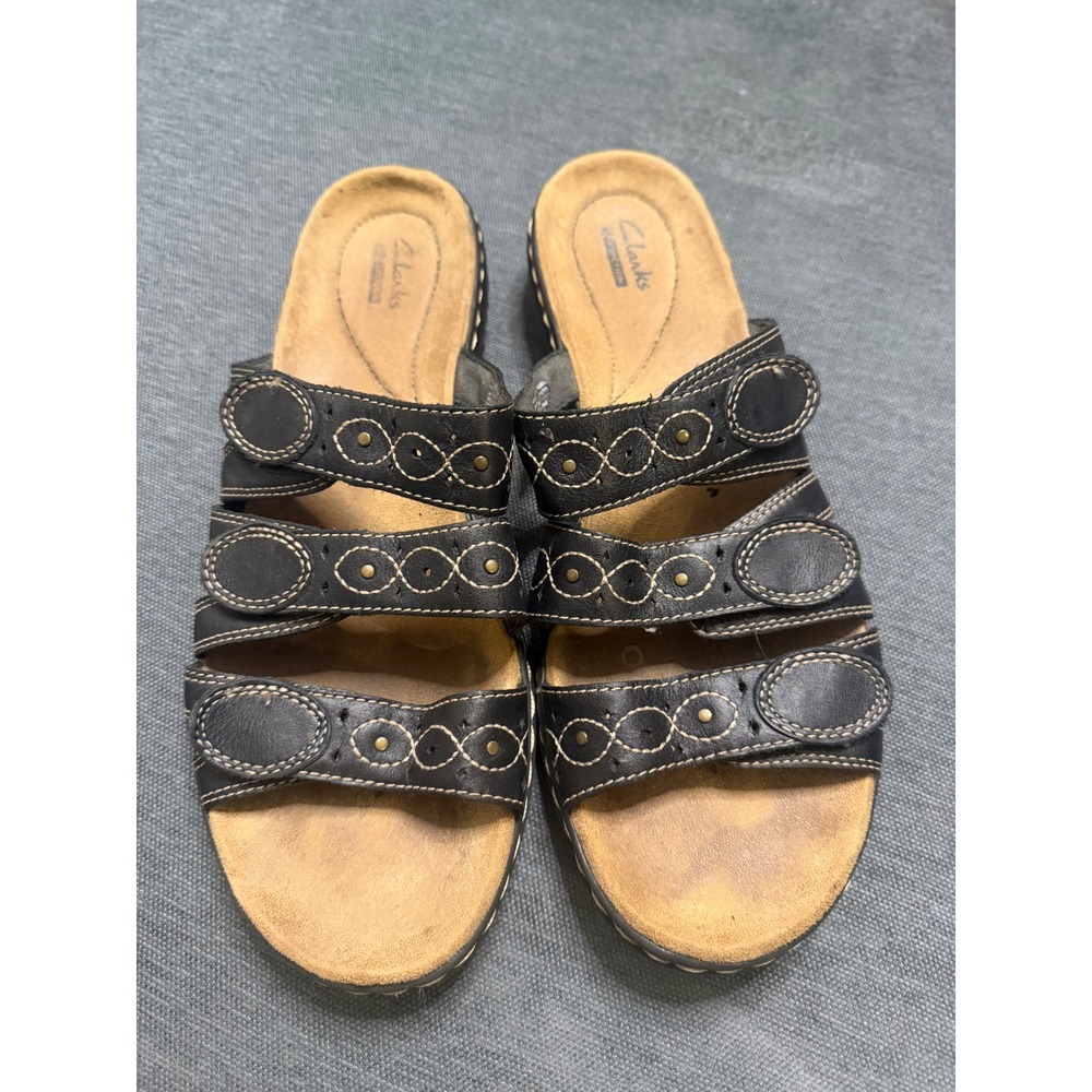 Clarks Collection Black Leather Triple Strap Slide Sandals Womens 11 M Studded